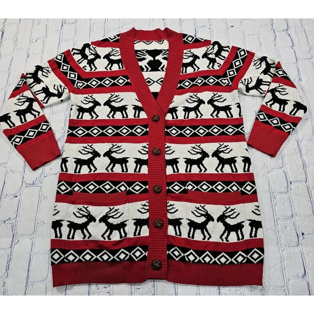 Christmas Reindeer Button Down V-Neck Cotton Knit Oversized Cardigan WOMENS XL